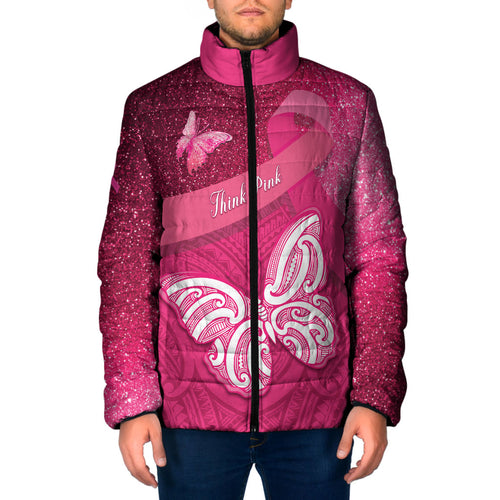 New Zealand Breast Cancer Awareness Padded Jacket Pink Ribbon Butterfly Maori Pattern