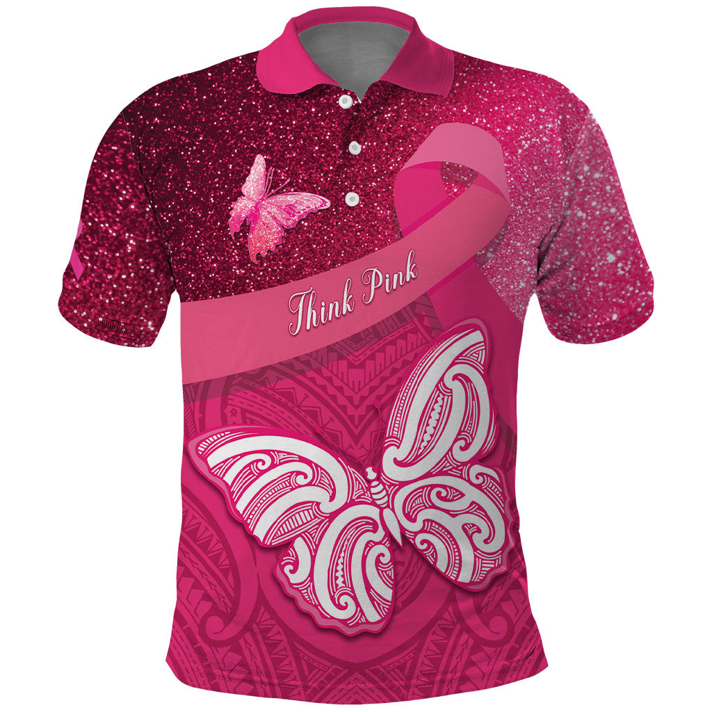 New Zealand Breast Cancer Awareness Polo Shirt Pink Ribbon Butterfly Maori Pattern