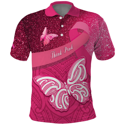 New Zealand Breast Cancer Awareness Polo Shirt Pink Ribbon Butterfly Maori Pattern