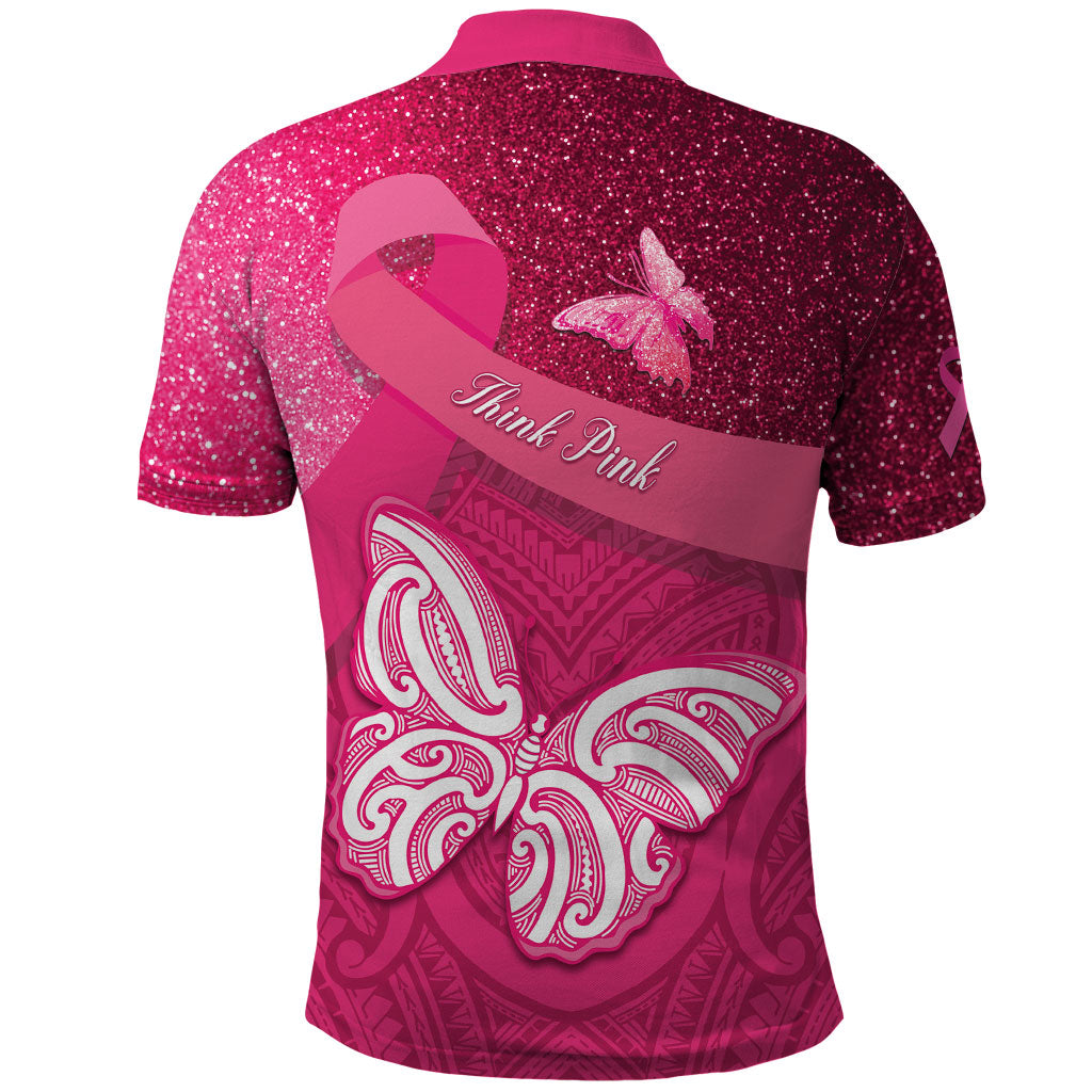 New Zealand Breast Cancer Awareness Polo Shirt Pink Ribbon Butterfly Maori Pattern
