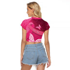 New Zealand Breast Cancer Awareness Raglan Cropped T Shirt Pink Ribbon Butterfly Maori Pattern