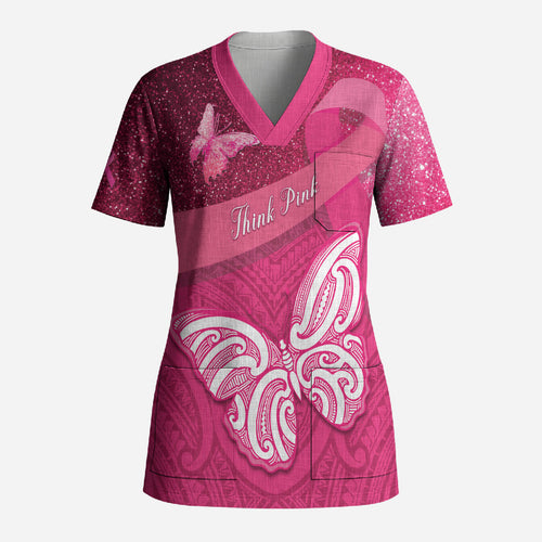 New Zealand Breast Cancer Awareness Scrub Top Pink Ribbon Butterfly Maori Pattern