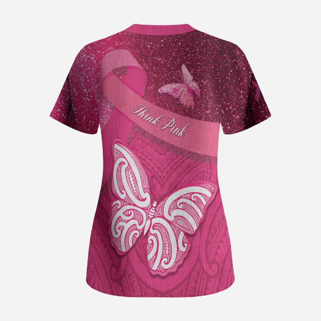 New Zealand Breast Cancer Awareness Scrub Top Pink Ribbon Butterfly Maori Pattern