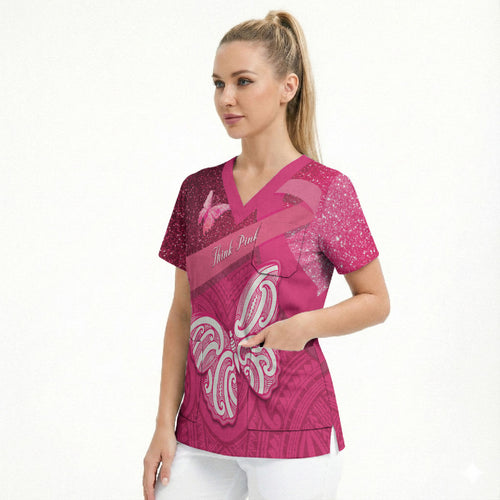 New Zealand Breast Cancer Awareness Scrub Top Pink Ribbon Butterfly Maori Pattern