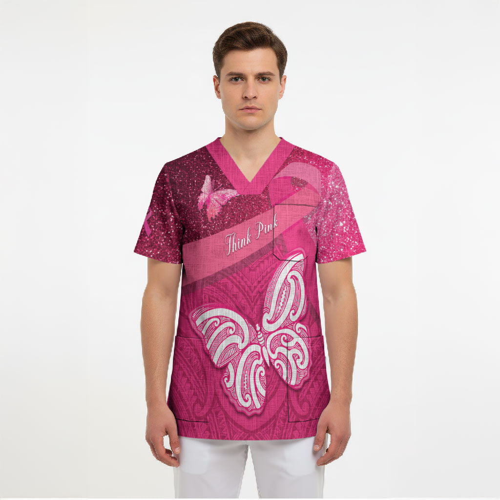 New Zealand Breast Cancer Awareness Scrub Top Pink Ribbon Butterfly Maori Pattern