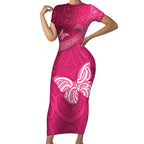 New Zealand Breast Cancer Awareness Short Sleeve Bodycon Dress Pink Ribbon Butterfly Maori Pattern