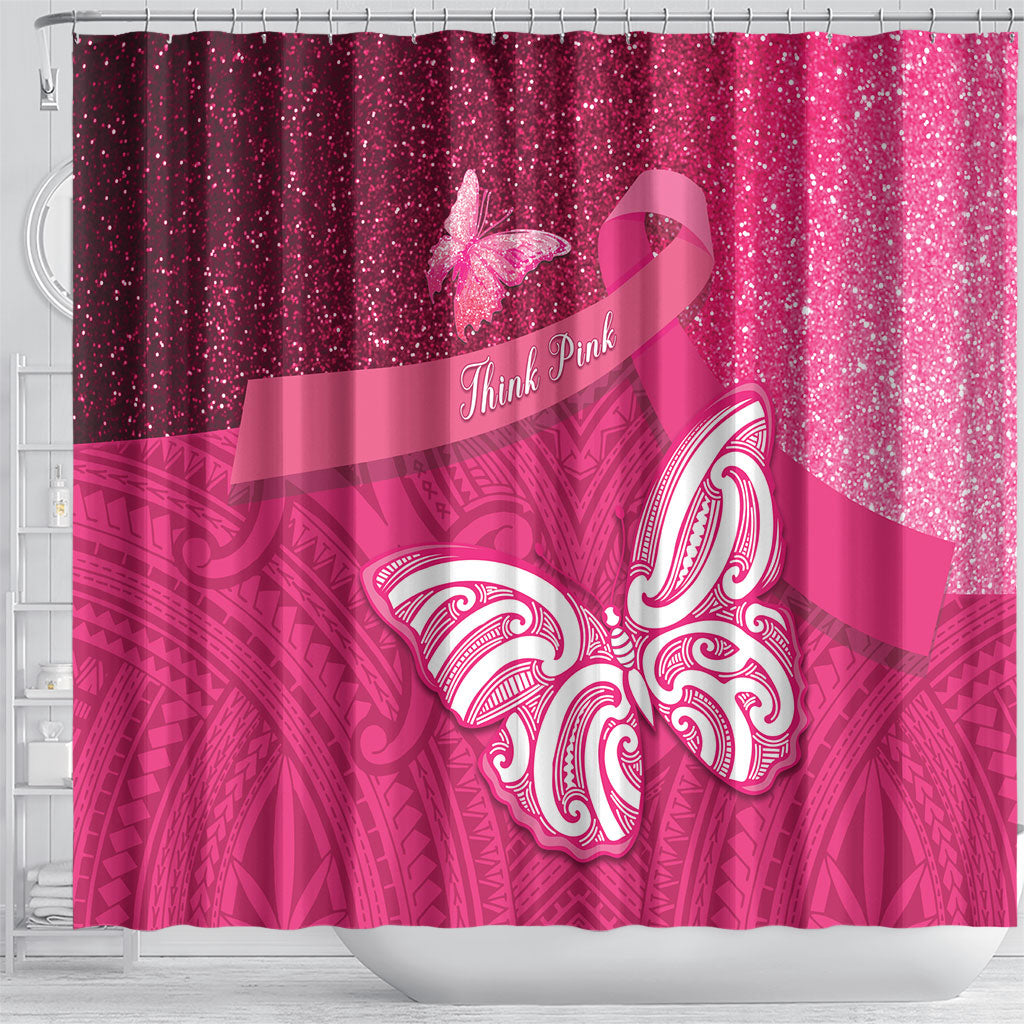 New Zealand Breast Cancer Awareness Shower Curtain Pink Ribbon Butterfly Maori Pattern