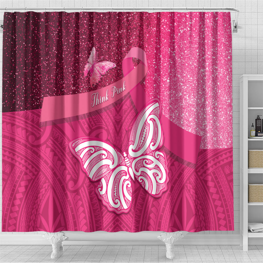 New Zealand Breast Cancer Awareness Shower Curtain Pink Ribbon Butterfly Maori Pattern