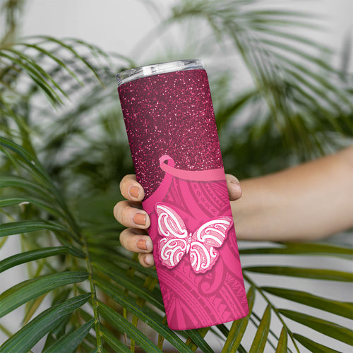 New Zealand Breast Cancer Awareness Skinny Tumbler Pink Ribbon Butterfly Maori Pattern