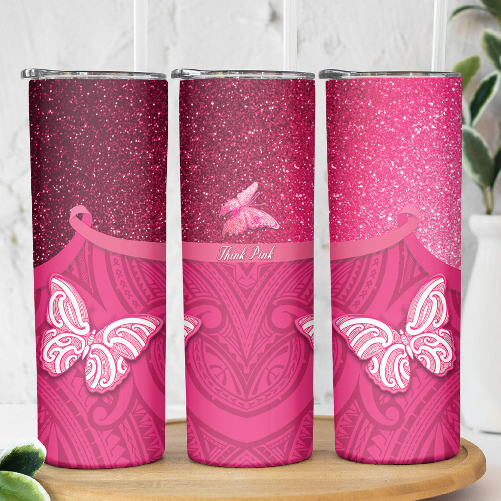 New Zealand Breast Cancer Awareness Skinny Tumbler Pink Ribbon Butterfly Maori Pattern