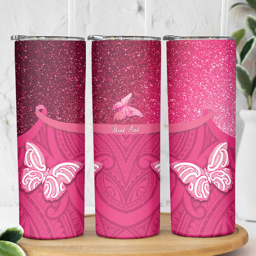 New Zealand Breast Cancer Awareness Skinny Tumbler Pink Ribbon Butterfly Maori Pattern