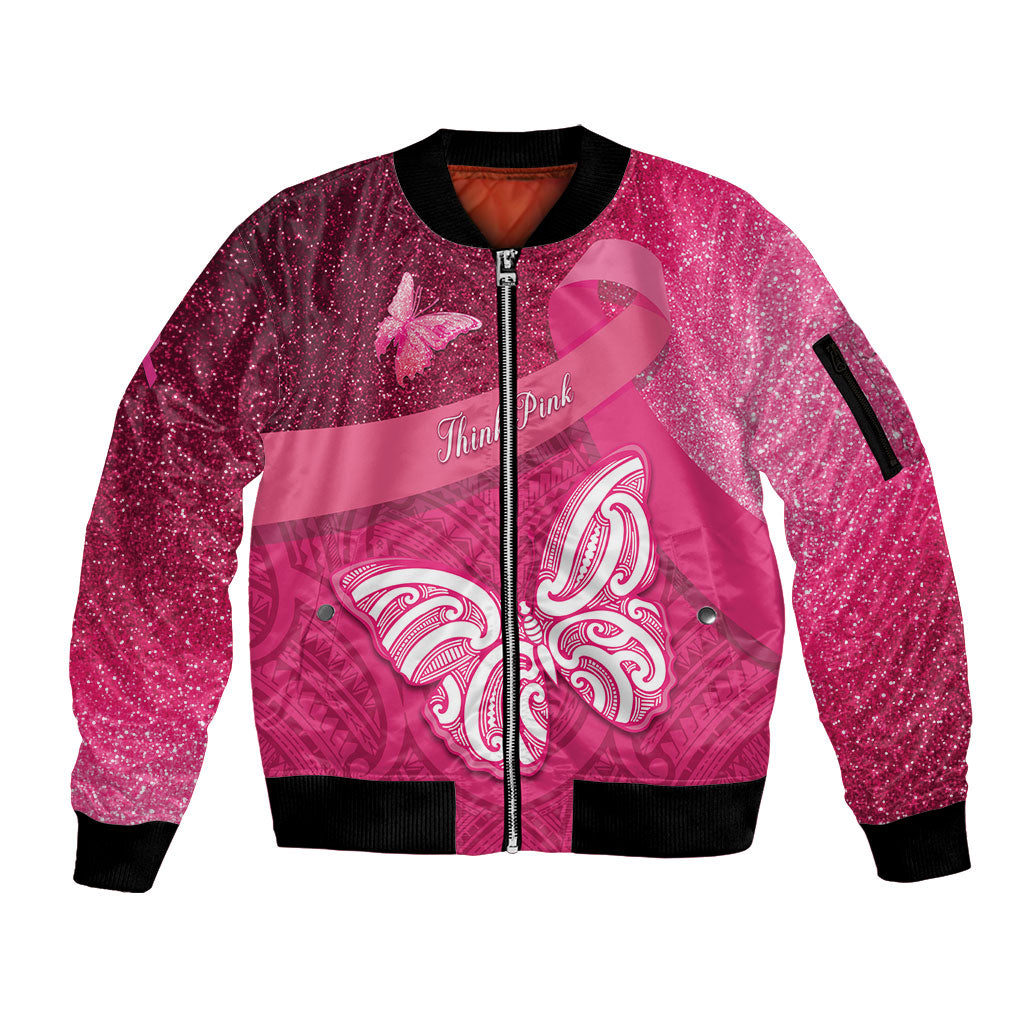 New Zealand Breast Cancer Awareness Sleeve Zip Bomber Jacket Pink Ribbon Butterfly Maori Pattern