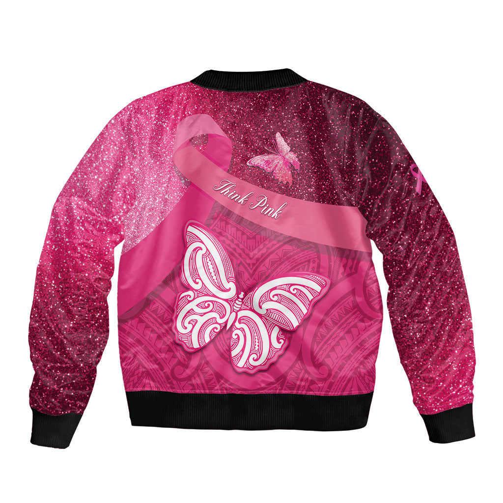 New Zealand Breast Cancer Awareness Sleeve Zip Bomber Jacket Pink Ribbon Butterfly Maori Pattern