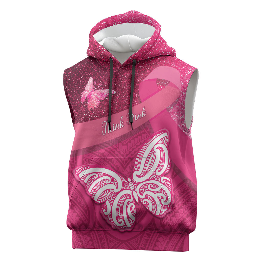 New Zealand Breast Cancer Awareness Sleeveless Hoodie Pink Ribbon Butterfly Maori Pattern