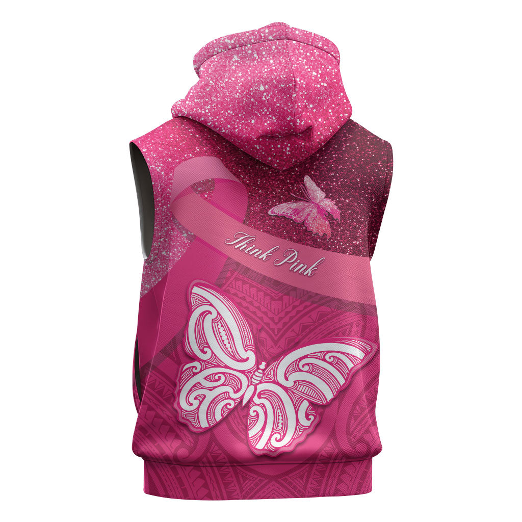 New Zealand Breast Cancer Awareness Sleeveless Hoodie Pink Ribbon Butterfly Maori Pattern