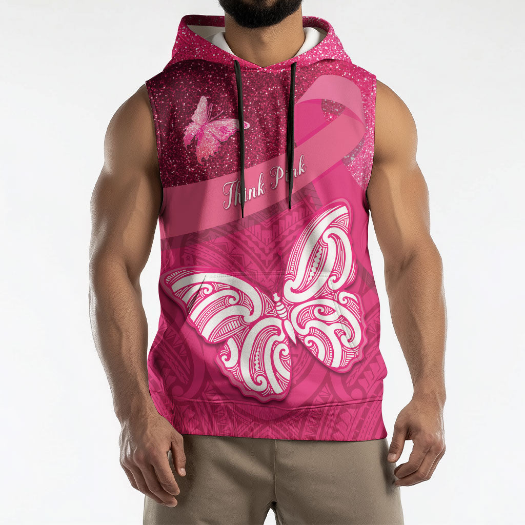 New Zealand Breast Cancer Awareness Sleeveless Hoodie Pink Ribbon Butterfly Maori Pattern