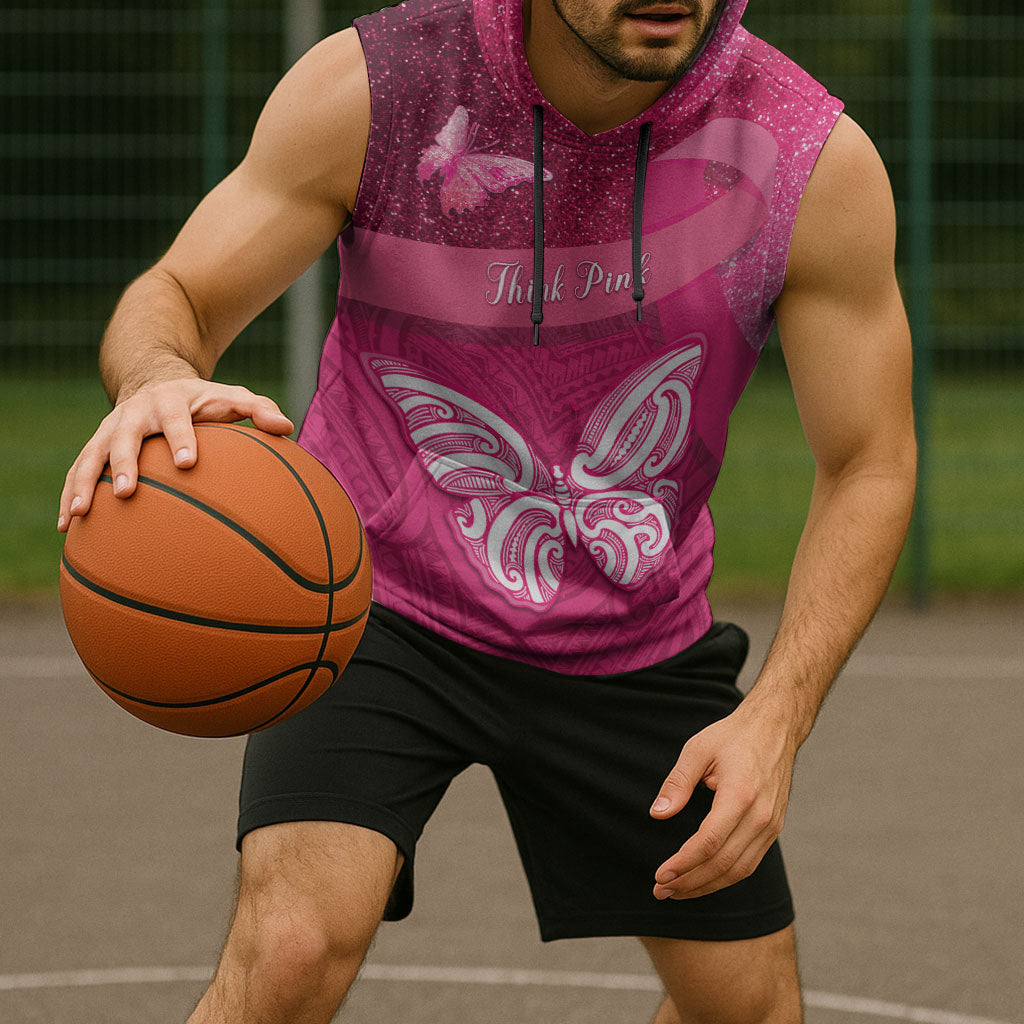 New Zealand Breast Cancer Awareness Sleeveless Hoodie Pink Ribbon Butterfly Maori Pattern