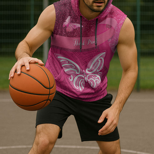 New Zealand Breast Cancer Awareness Sleeveless Hoodie Pink Ribbon Butterfly Maori Pattern