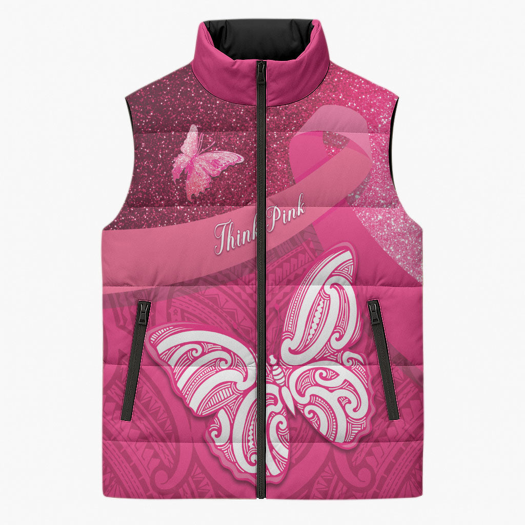 New Zealand Breast Cancer Awareness Sleeveless Puffer Jacket Pink Ribbon Butterfly Maori Pattern