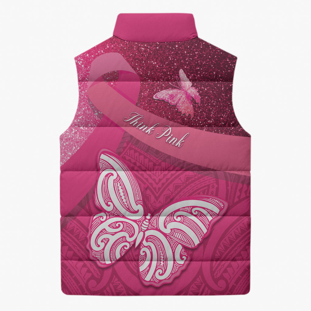 New Zealand Breast Cancer Awareness Sleeveless Puffer Jacket Pink Ribbon Butterfly Maori Pattern