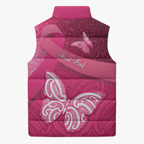 New Zealand Breast Cancer Awareness Sleeveless Puffer Jacket Pink Ribbon Butterfly Maori Pattern