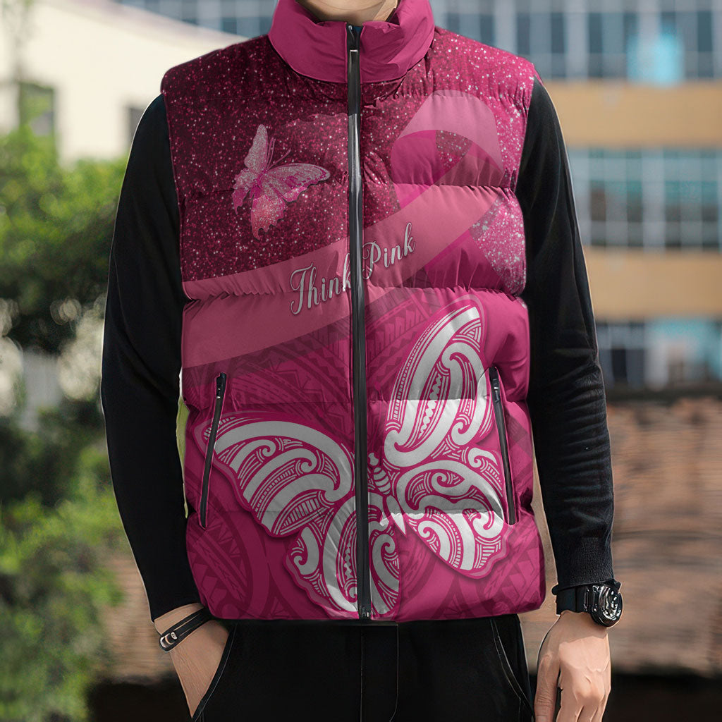 New Zealand Breast Cancer Awareness Sleeveless Puffer Jacket Pink Ribbon Butterfly Maori Pattern