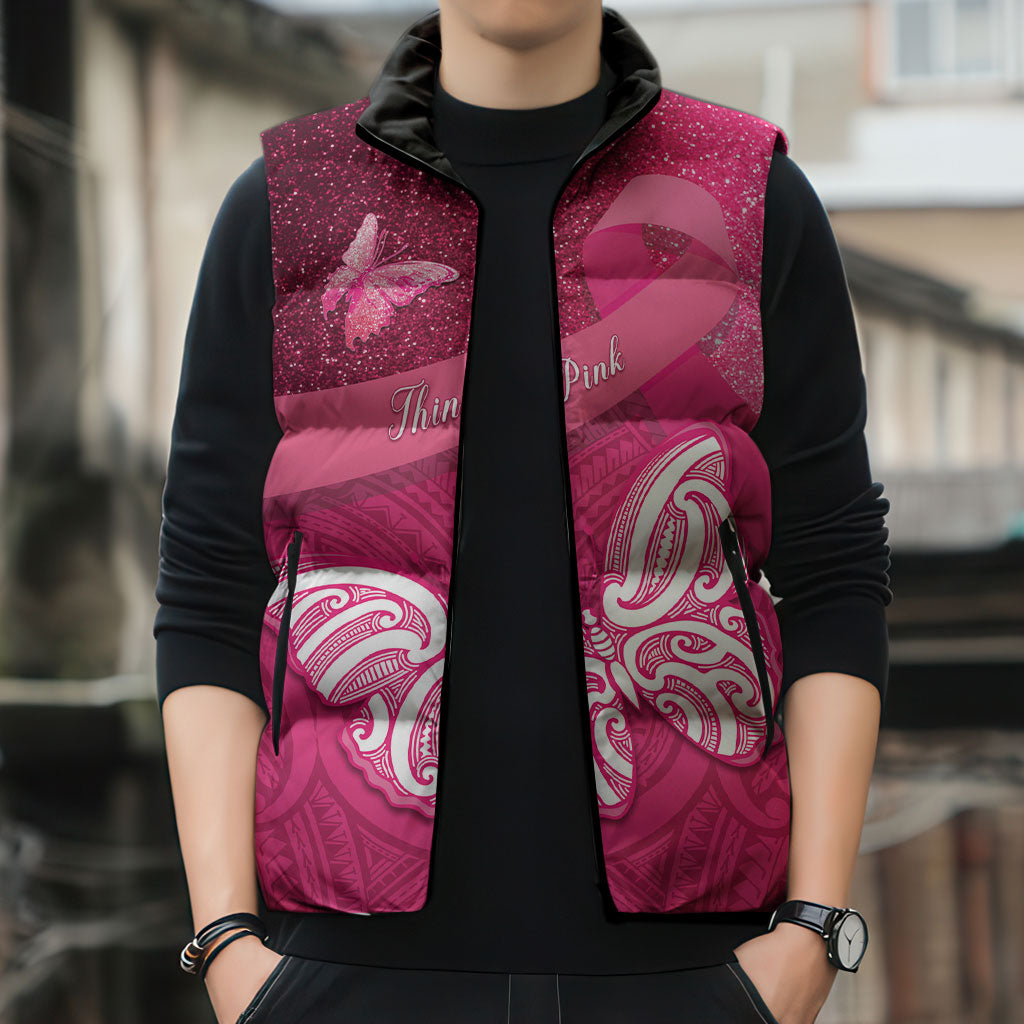 New Zealand Breast Cancer Awareness Sleeveless Puffer Jacket Pink Ribbon Butterfly Maori Pattern