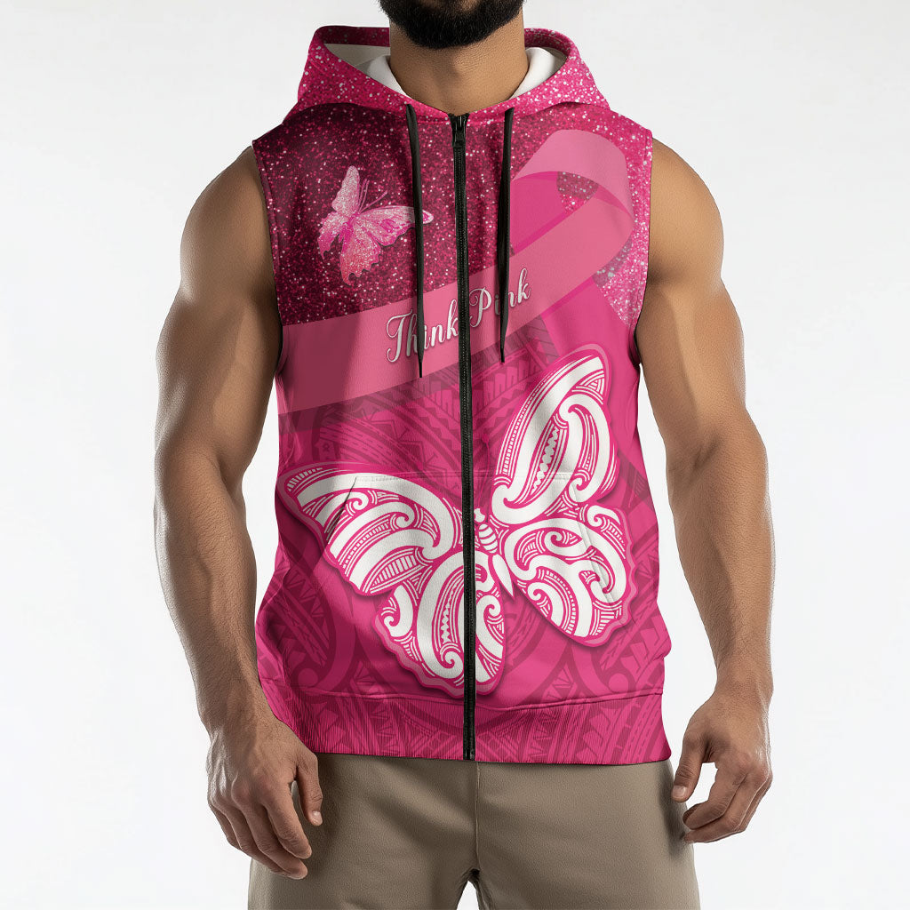 New Zealand Breast Cancer Awareness Sleeveless Zip Hoodie Pink Ribbon Butterfly Maori Pattern