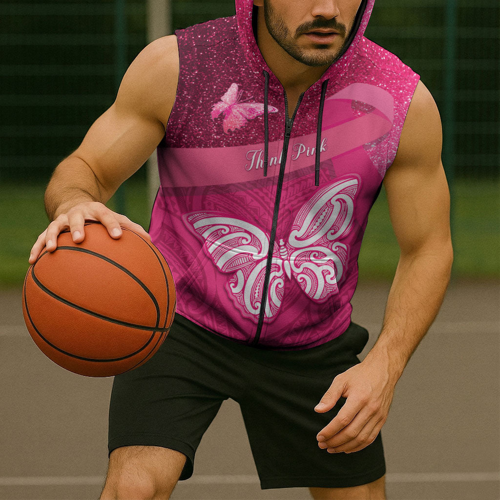 New Zealand Breast Cancer Awareness Sleeveless Zip Hoodie Pink Ribbon Butterfly Maori Pattern