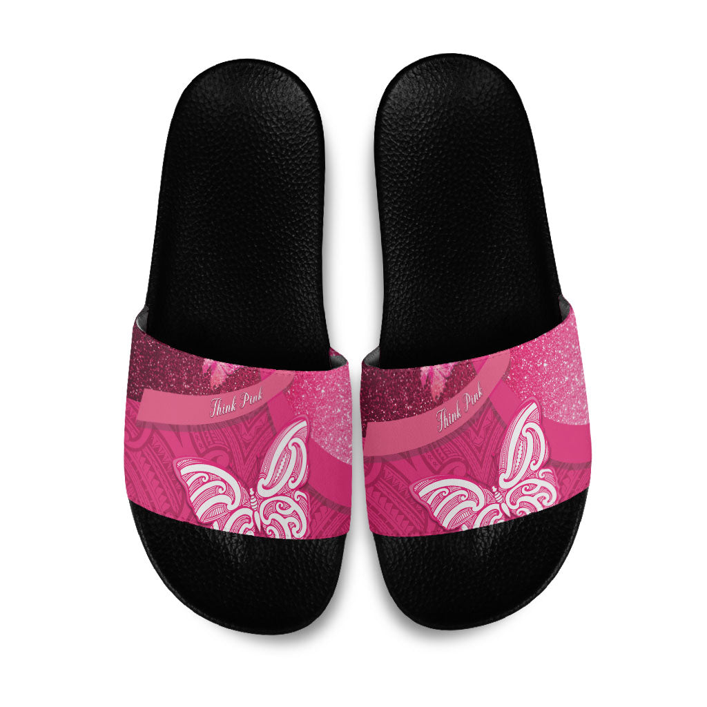 New Zealand Breast Cancer Awareness Slide Sandals Pink Ribbon Butterfly Maori Pattern