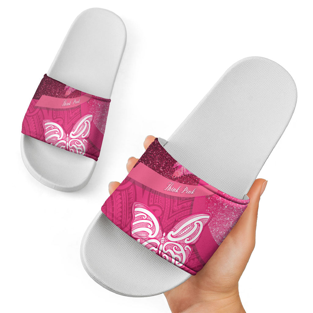 New Zealand Breast Cancer Awareness Slide Sandals Pink Ribbon Butterfly Maori Pattern