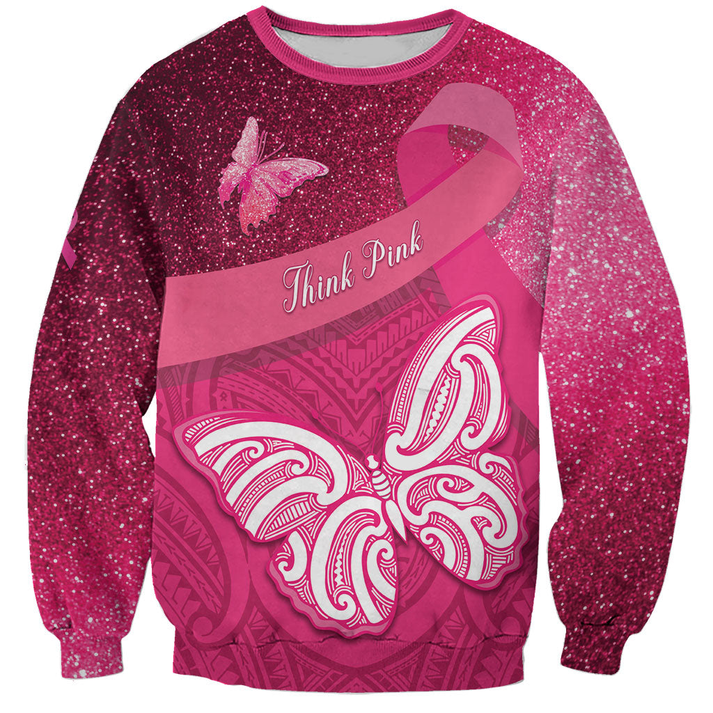 New Zealand Breast Cancer Awareness Sweatshirt Pink Ribbon Butterfly Maori Pattern