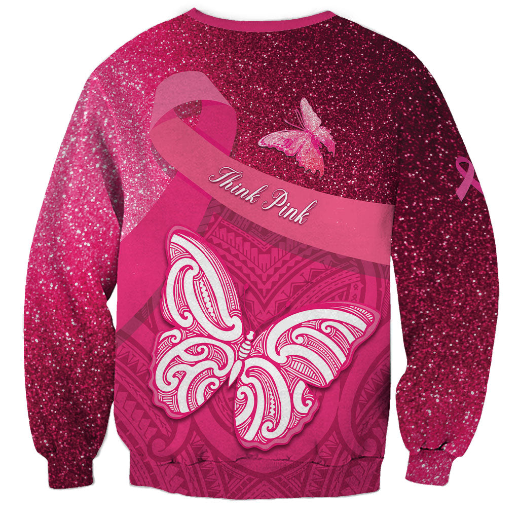 New Zealand Breast Cancer Awareness Sweatshirt Pink Ribbon Butterfly Maori Pattern