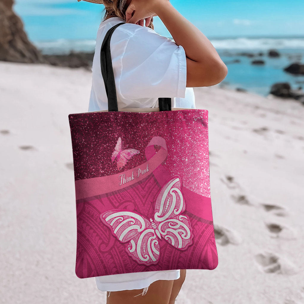 New Zealand Breast Cancer Awareness Tote Bag Pink Ribbon Butterfly Maori Pattern