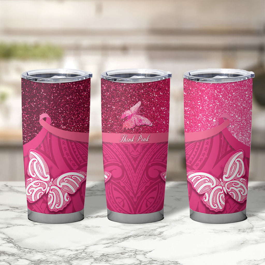 New Zealand Breast Cancer Awareness Tumbler Cup Pink Ribbon Butterfly Maori Pattern