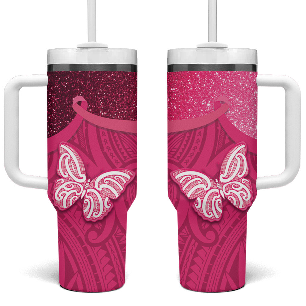 New Zealand Breast Cancer Awareness Tumbler With Handle Pink Ribbon Butterfly Maori Pattern