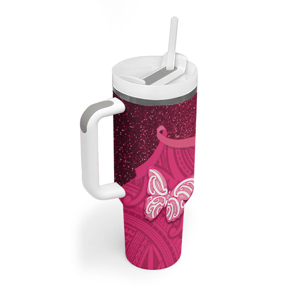 New Zealand Breast Cancer Awareness Tumbler With Handle Pink Ribbon Butterfly Maori Pattern