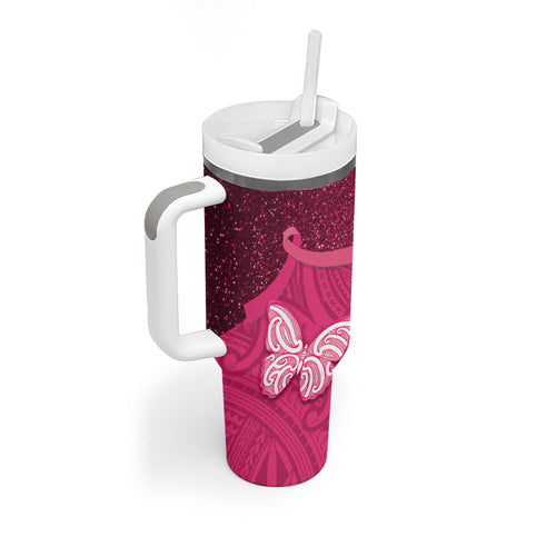 New Zealand Breast Cancer Awareness Tumbler With Handle Pink Ribbon Butterfly Maori Pattern