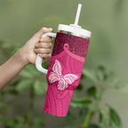 New Zealand Breast Cancer Awareness Tumbler With Handle Pink Ribbon Butterfly Maori Pattern