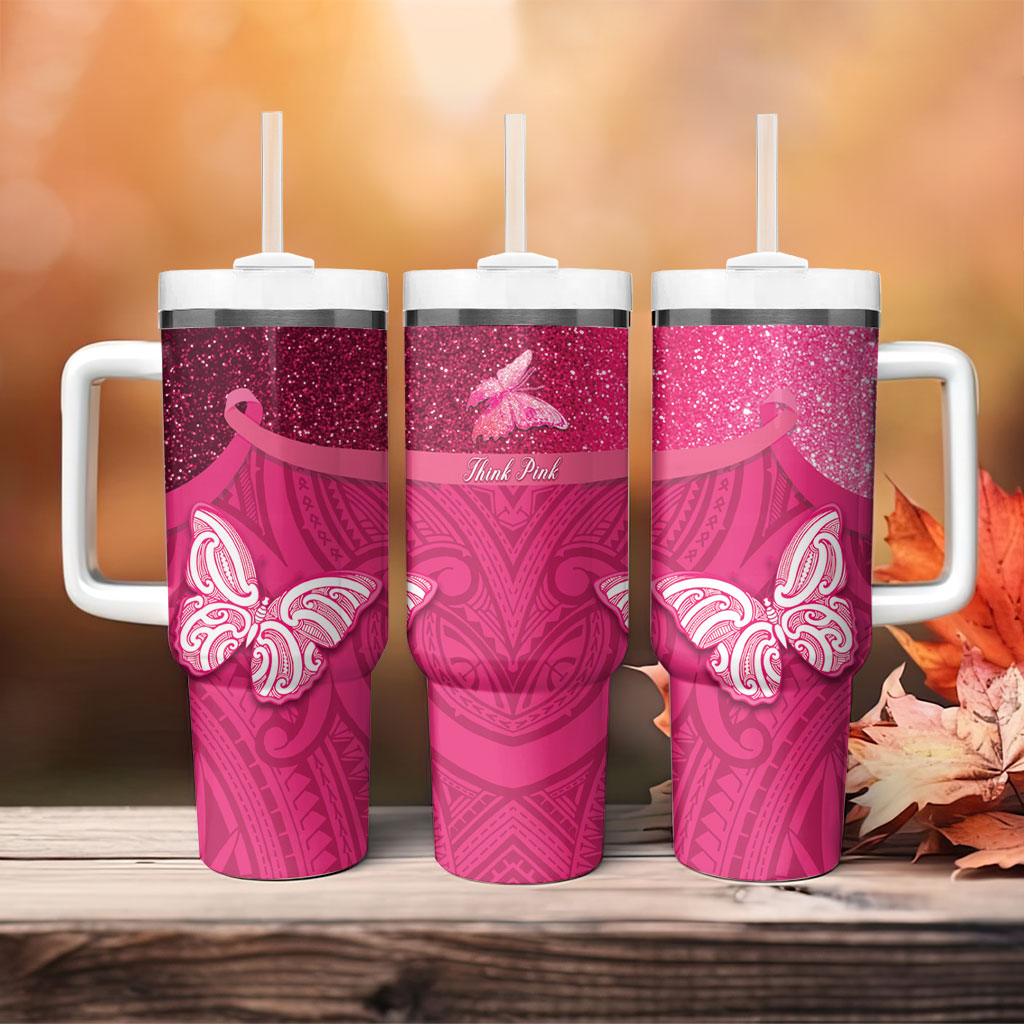 New Zealand Breast Cancer Awareness Tumbler With Handle Pink Ribbon Butterfly Maori Pattern