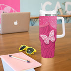 New Zealand Breast Cancer Awareness Tumbler With Handle Pink Ribbon Butterfly Maori Pattern