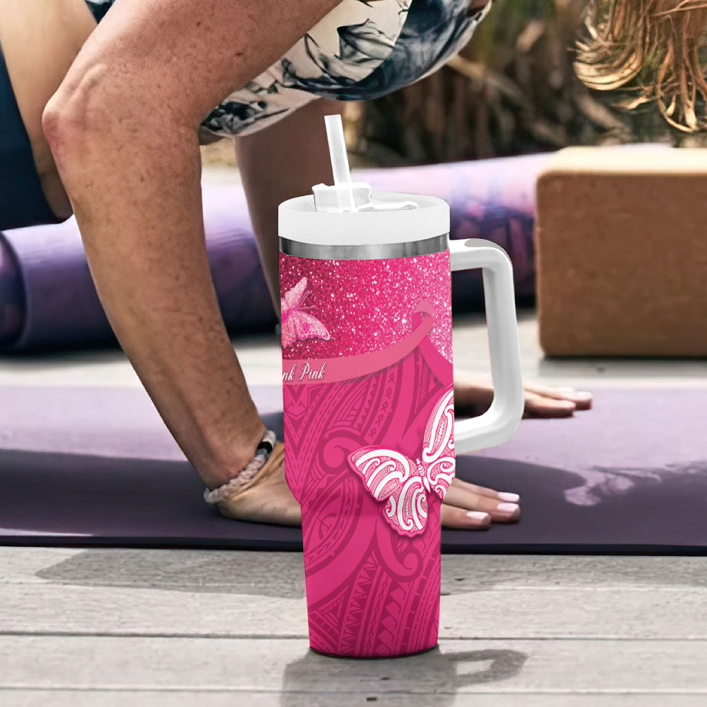 New Zealand Breast Cancer Awareness Tumbler With Handle Pink Ribbon Butterfly Maori Pattern