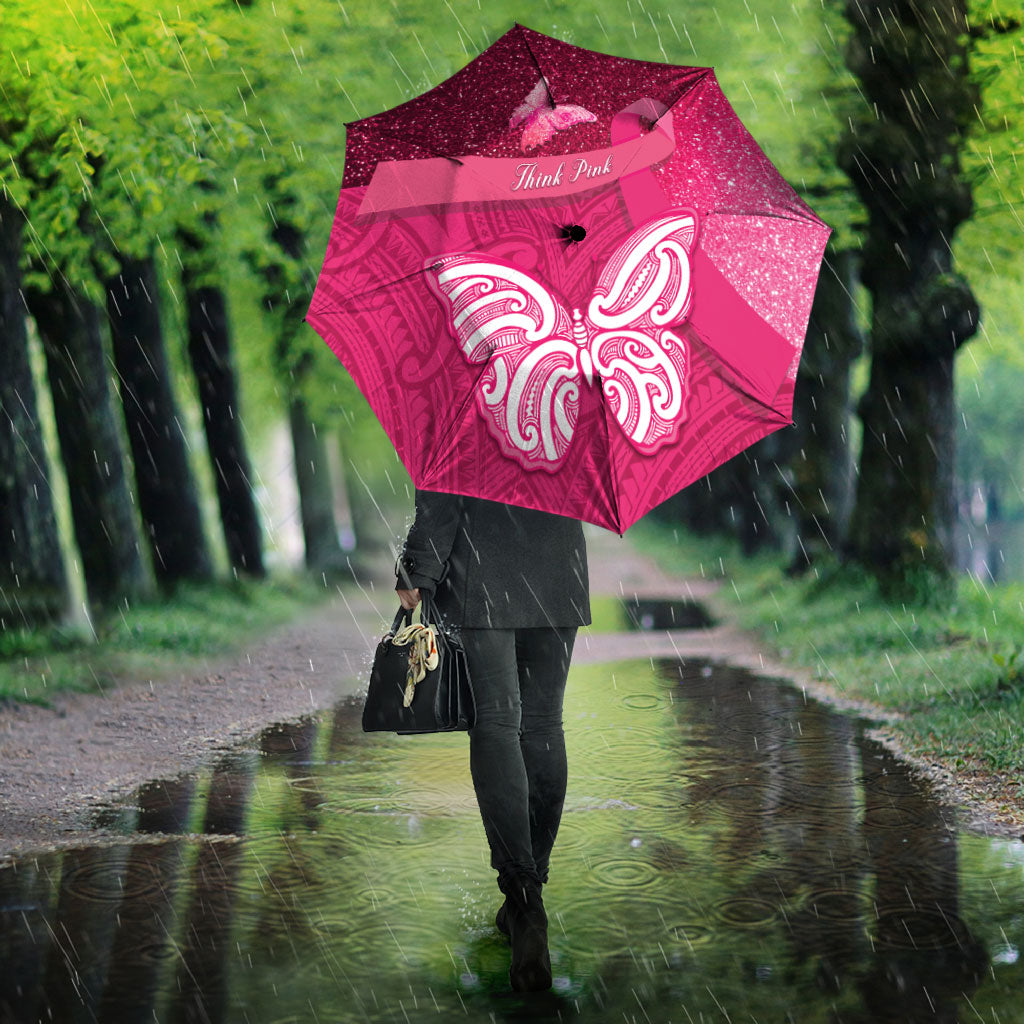 New Zealand Breast Cancer Awareness Umbrella Pink Ribbon Butterfly Maori Pattern