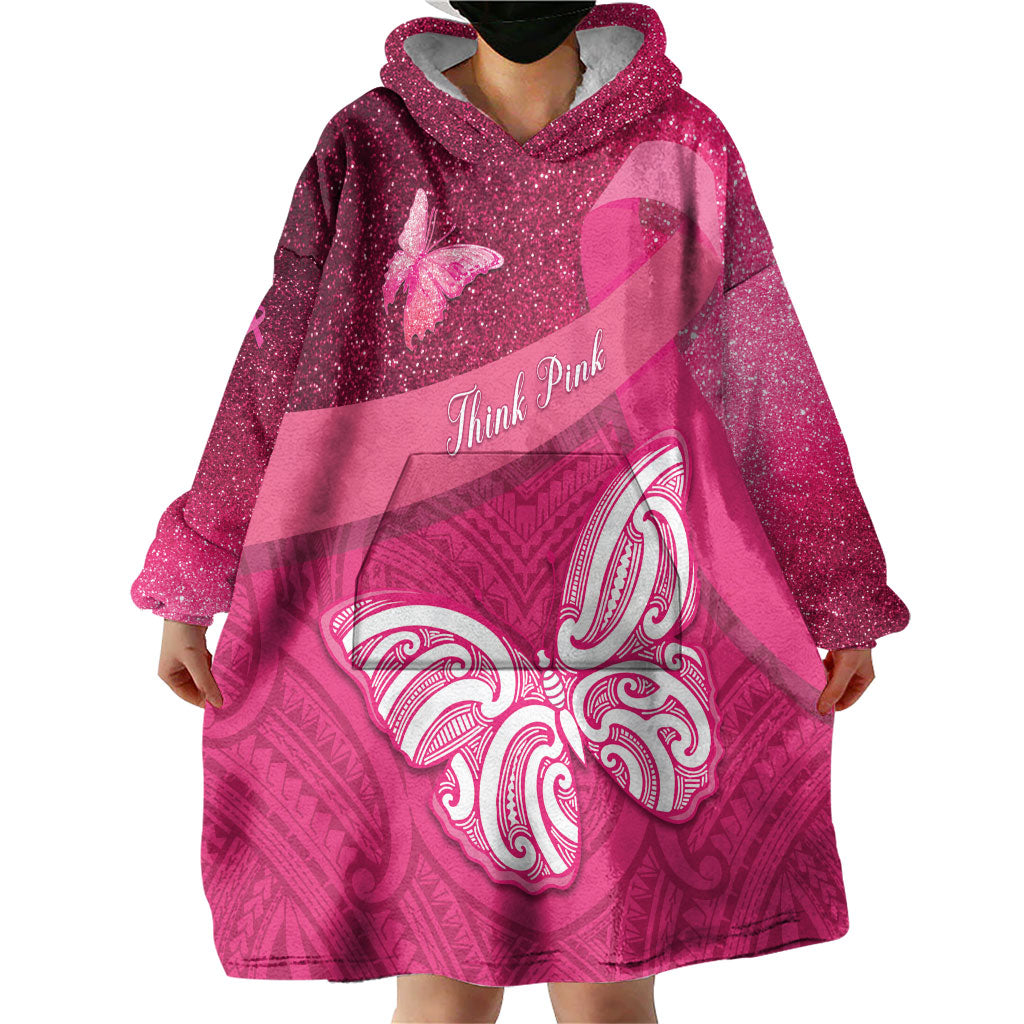 New Zealand Breast Cancer Awareness Wearable Blanket Hoodie Pink Ribbon Butterfly Maori Pattern