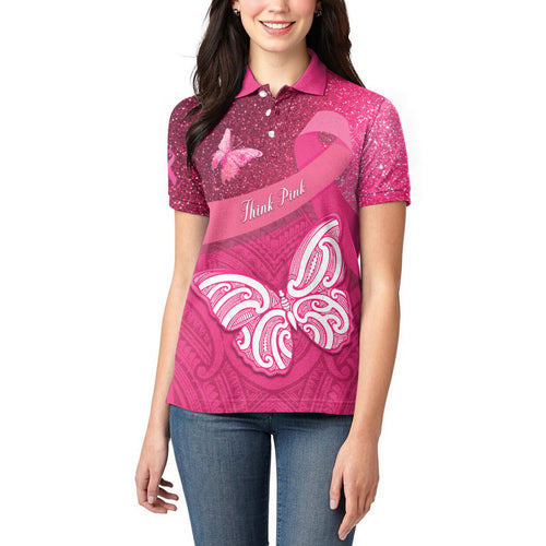 New Zealand Breast Cancer Awareness Women Polo Shirt Pink Ribbon Butterfly Maori Pattern