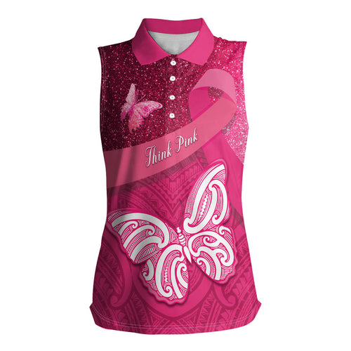 New Zealand Breast Cancer Awareness Women Sleeveless Polo Shirt Pink Ribbon Butterfly Maori Pattern