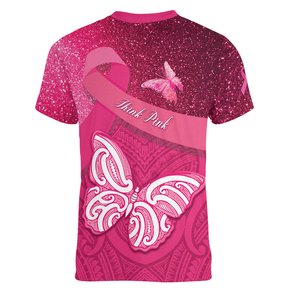 New Zealand Breast Cancer Awareness Women V-Neck T-Shirt Pink Ribbon Butterfly Maori Pattern