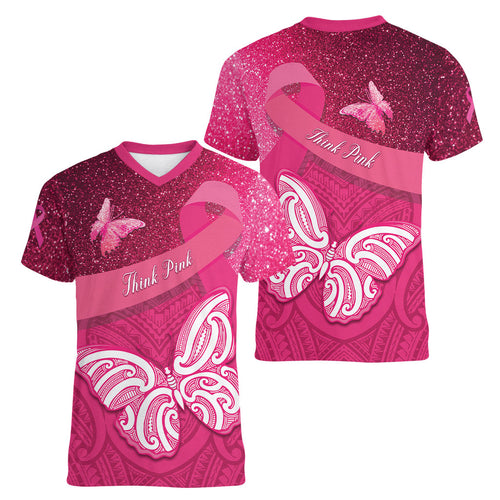 New Zealand Breast Cancer Awareness Women V-Neck T-Shirt Pink Ribbon Butterfly Maori Pattern