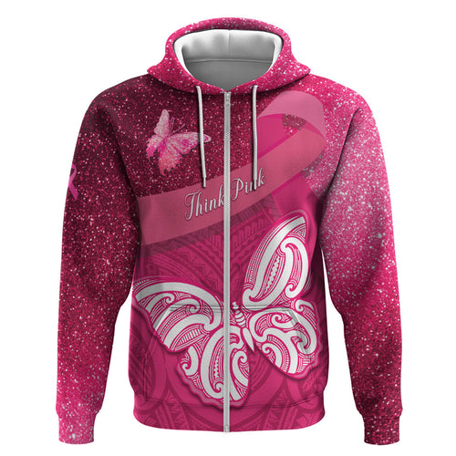 New Zealand Breast Cancer Awareness Zip Hoodie Pink Ribbon Butterfly Maori Pattern