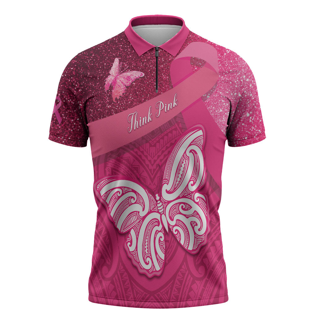 New Zealand Breast Cancer Awareness Zipper Polo Shirt Pink Ribbon Butterfly Maori Pattern